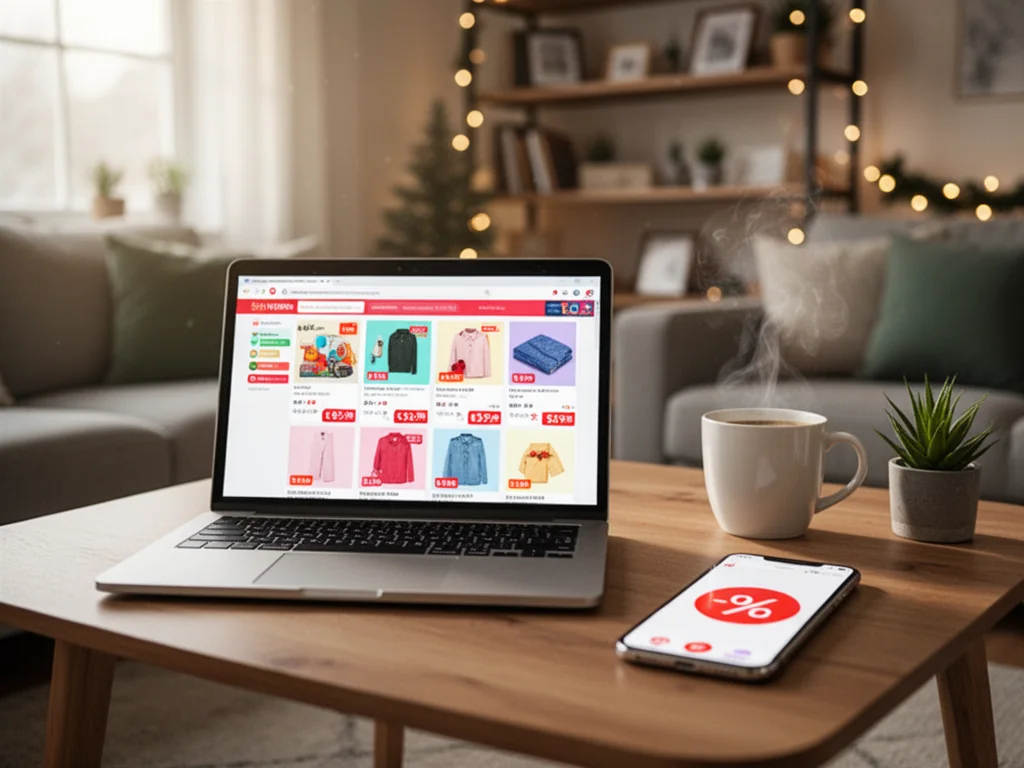 Laptop i smartfon z otwartymi stronami zakupowymi, obok kubek kawy; przytulne wnętrze podkreślające nastrój Black Friday.