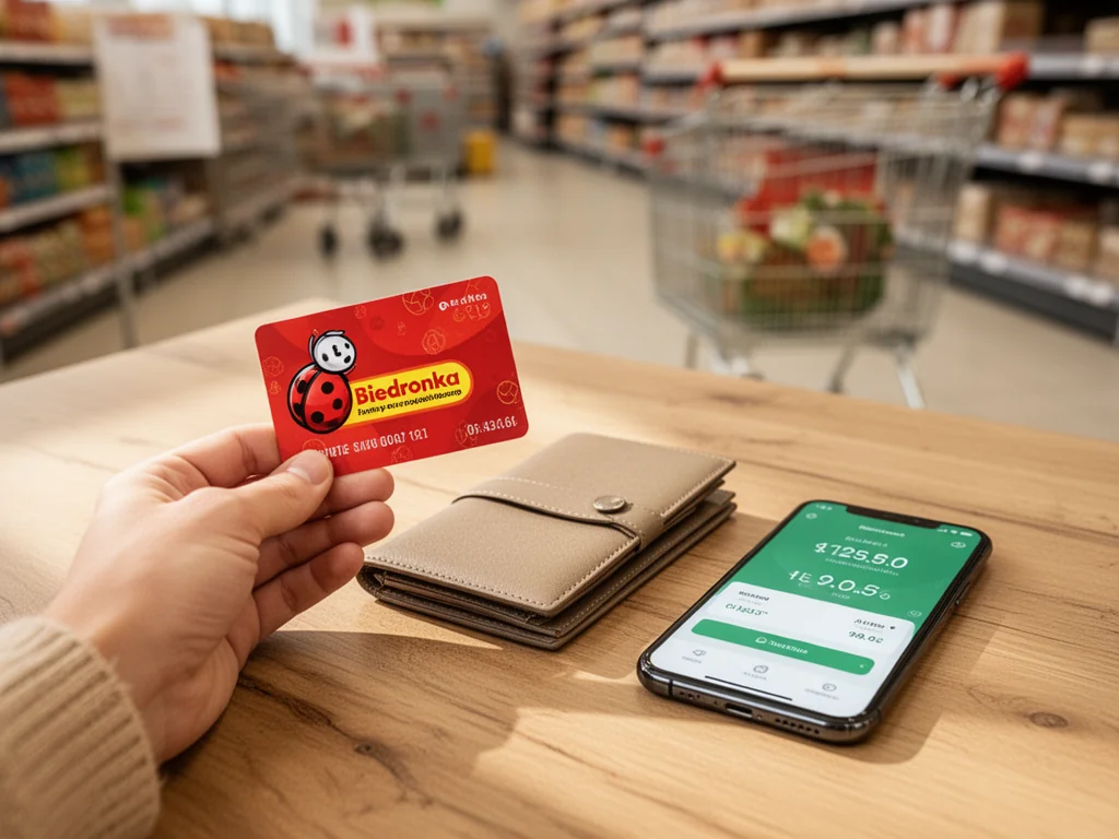 Karta podarunkowa Biedronka trzymana w dłoni obok portfela i smartfona z saldem, na tle wnętrza supermarketu.