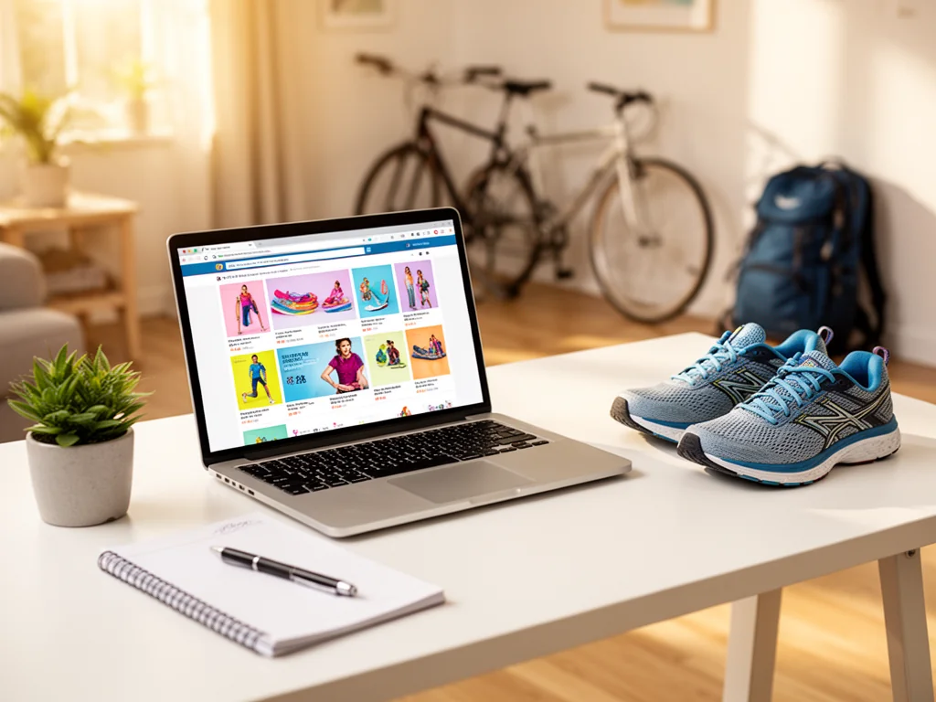 Laptop z kolorowym sklepem sportowym, obok buty do biegania i rower w tle, sugerujące szukanie promocji Decathlon.