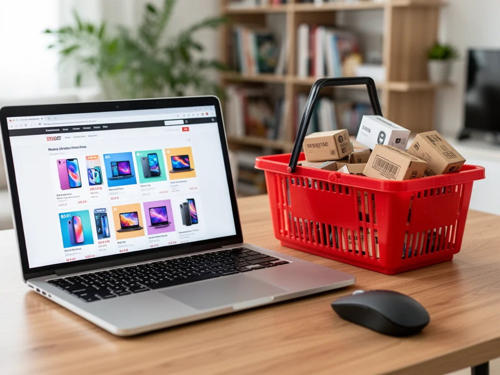 Laptop z otwartym sklepem online i koszykiem z elektroniką, symbolizujące szukanie kodów zniżkowych Media Markt.