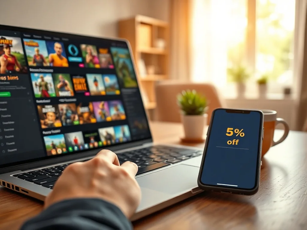 Osoba szukająca promocji na gry na laptopie, obok telefon z ikoną zniżki, domowe biuro w ciepłym świetle.