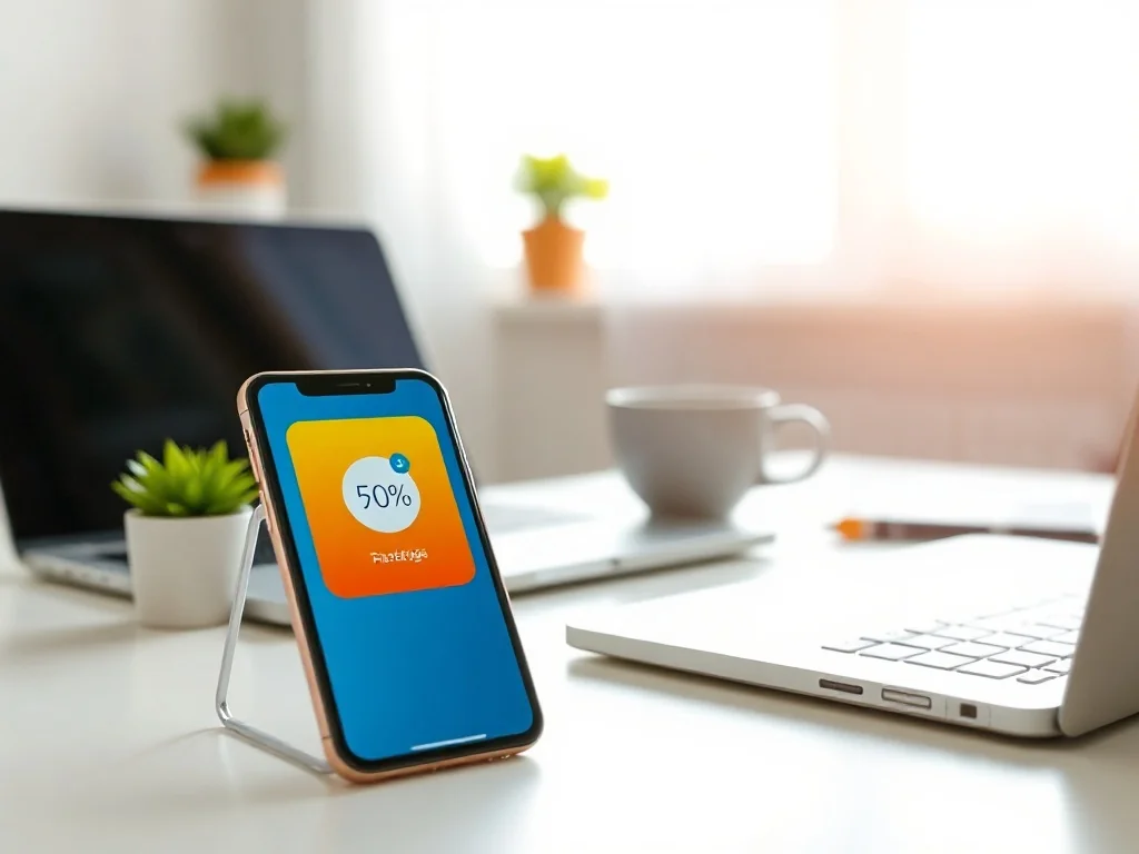Smartfon z kolorową aplikacją zakupową i ikoną rabatu na biurku, sugerujący szukanie kodów zniżkowych Temu w domu.