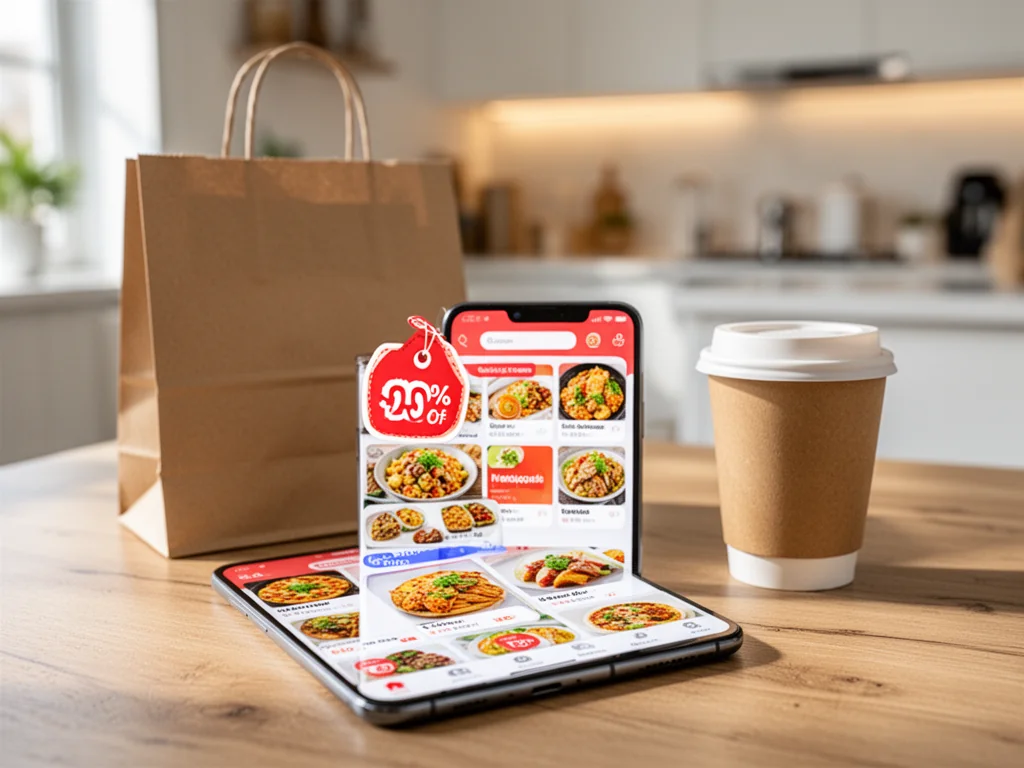 Smartfon z aplikacją Uber Eats z wyróżnioną ikoną zniżki, obok torby z jedzeniem i kubka, w przytulnej, jasnej kuchni.