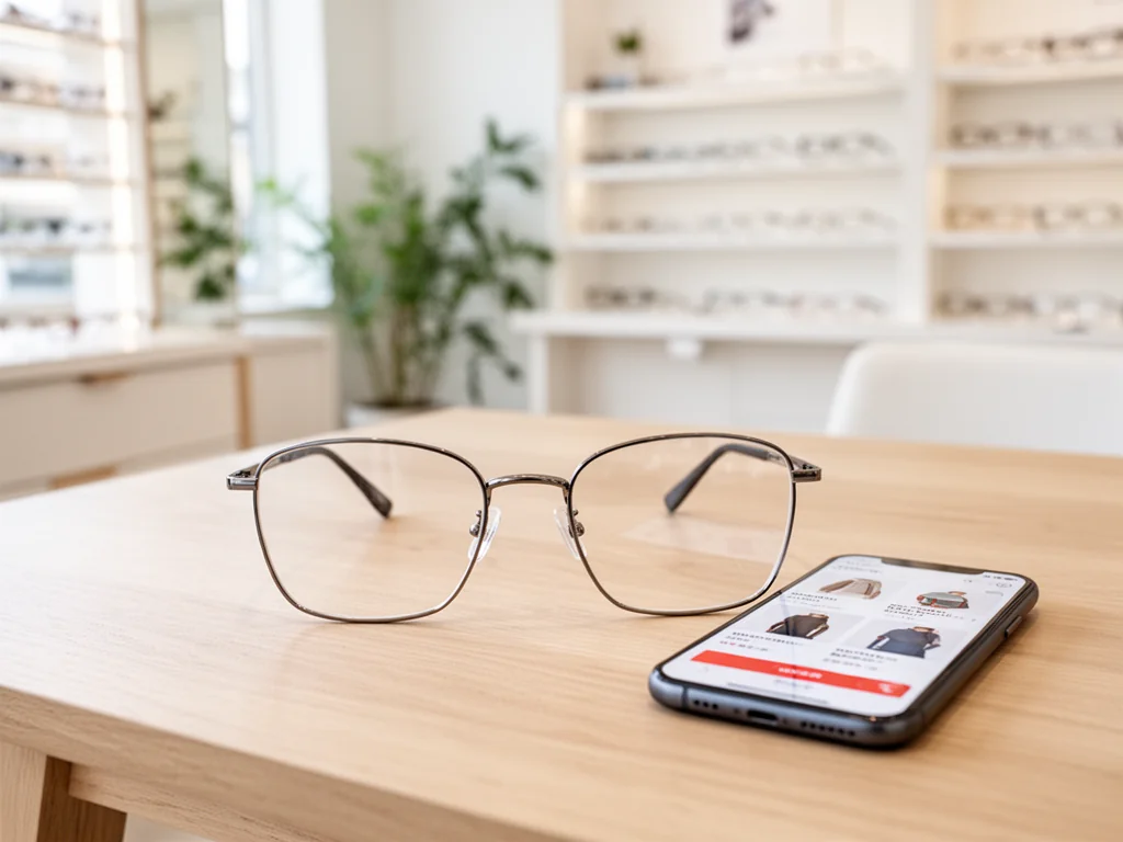 Eleganckie okulary na stole obok smartfona z aplikacją zakupową, w tle jasny salon optyczny Fielmann i półki z oprawkami