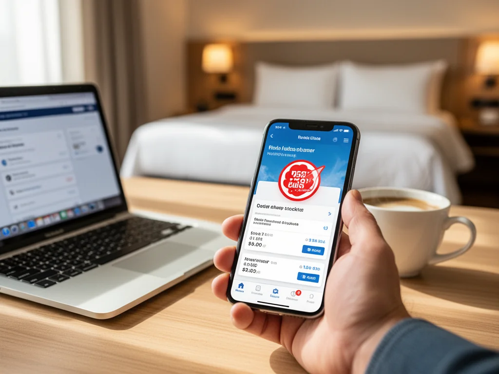 Smartfon z aplikacją rezerwacji hotelu i ikoną zniżki na biurku, w tle przytulny pokój hotelowy z ciepłym oświetleniem.
