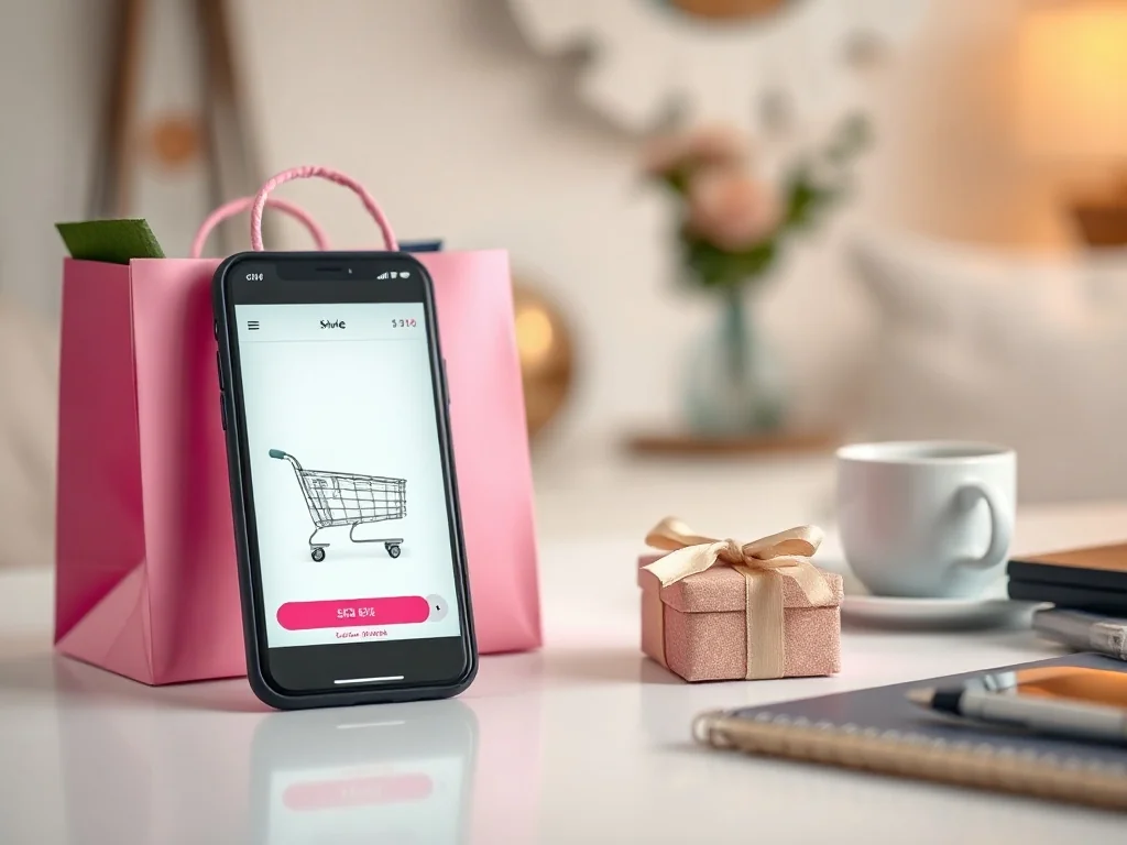 Smartfon z koszykiem sklepu Victoria’s Secret i ikoną rabatu, obok różowej torby, prezentu i kawy na stylowym biurku