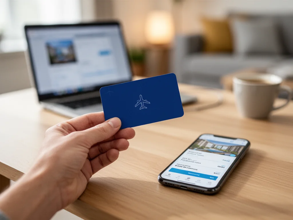 Dłoń trzyma niebieską kartę podarunkową Booking obok smartfona z ekranem rezerwacji hotelu w przytulnym, domowym wnętrzu.
