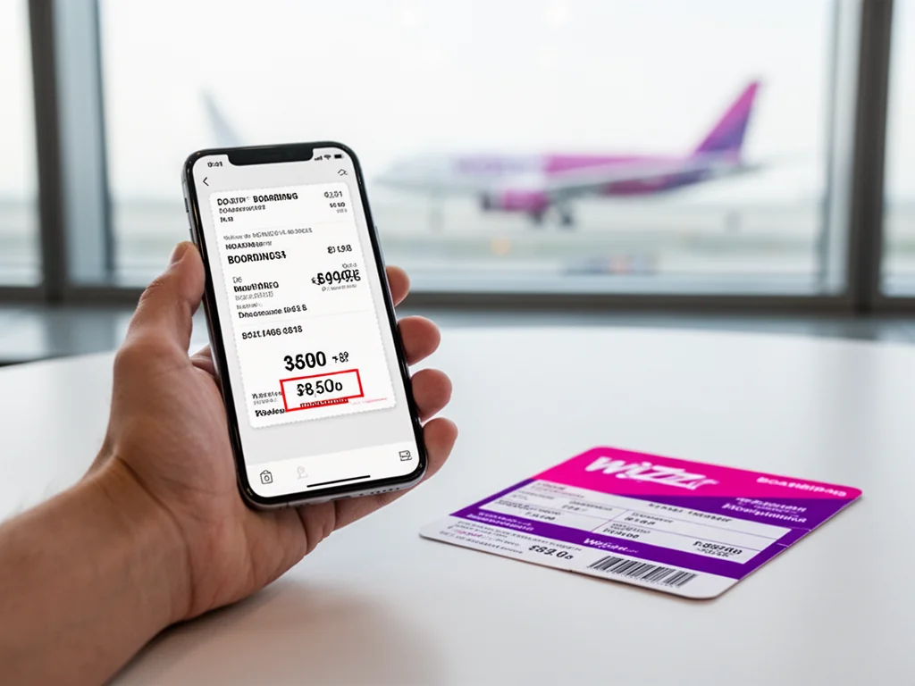 Smartfon z elektroniczną kartą pokładową i obniżoną ceną Wizzair na tle lotniska, obok tradycyjnej karty pokładowej