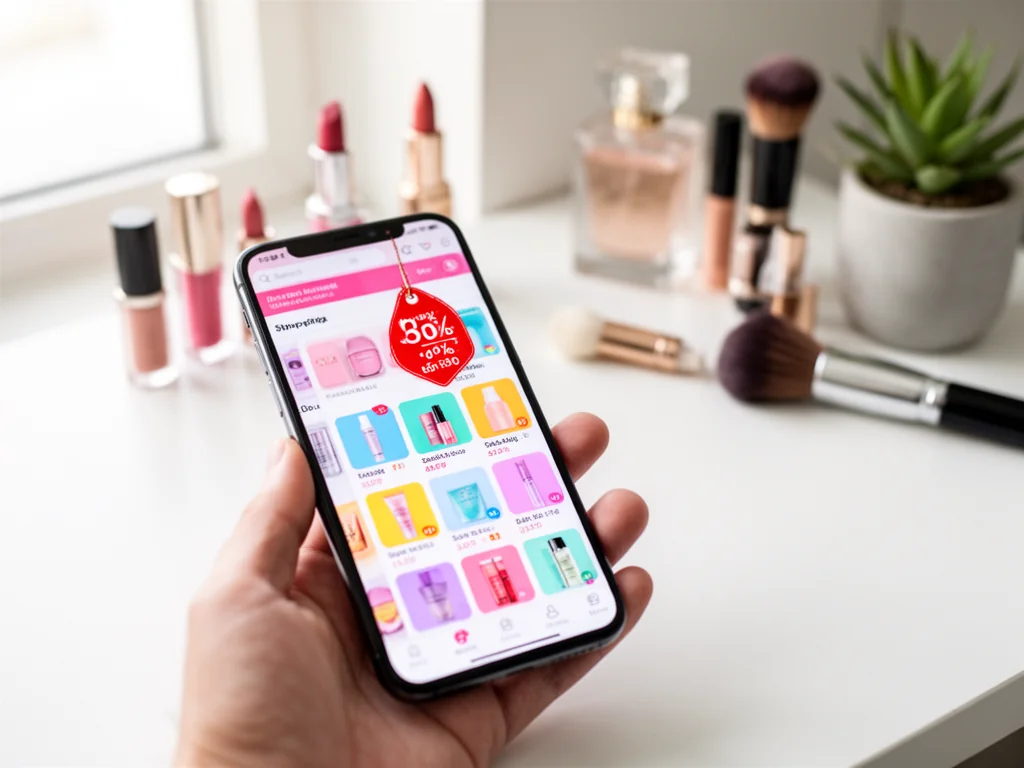 Smartfon z aplikacją zakupową i ikoną rabatu, w tle eleganckie kosmetyki, sugerujące promocje na produkty beauty.