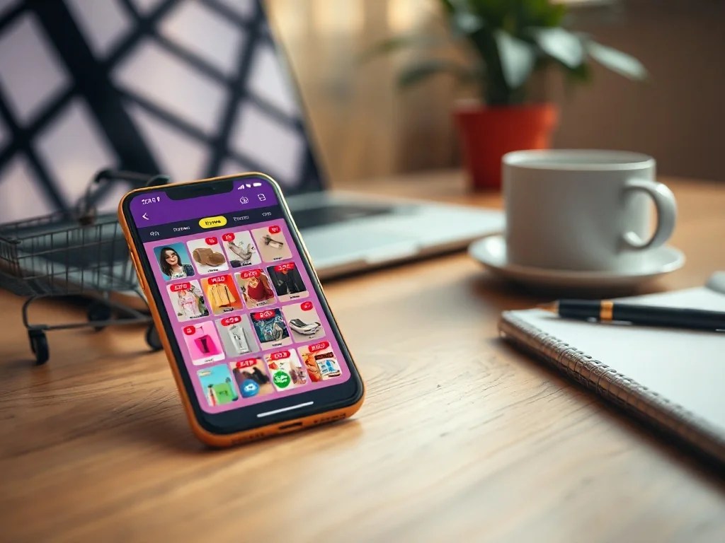 Smartfon z aplikacją zakupową pełną promocji na biurku, obok mini wózek sklepowy i kawa, przytulne domowe miejsce do oszczędzania.