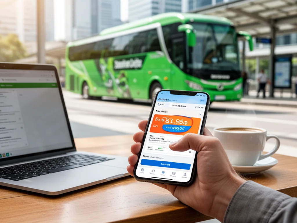 Smartfon z aplikacją rezerwacji Flixbus pokazującą zniżkowy bilet, w tle zielony autobus dalekobieżny na dworcu