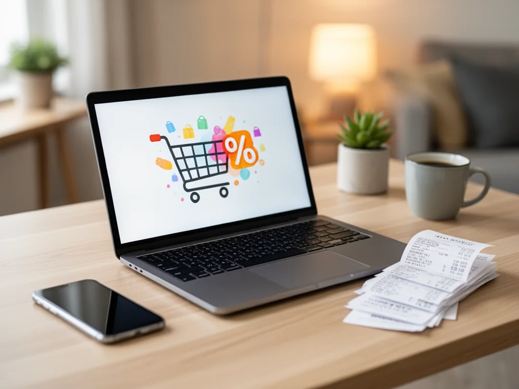 Laptop z ikoną koszyka i symbolem rabatu %, obok paragonów i telefonu, w przytulnym domowym wnętrzu sprzyjającym oszczędzaniu.