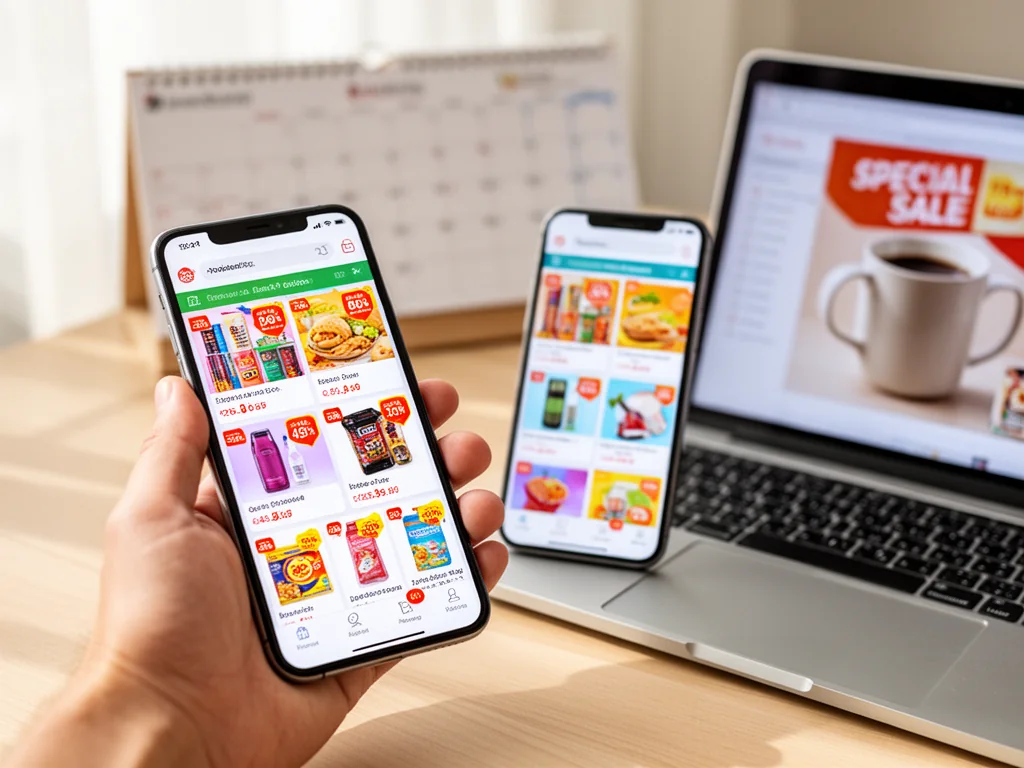 Smartfon z kolorową aplikacją zakupową obok laptopa, kalendarz i kubek kawy sugerują planowanie promocji na AliExpress