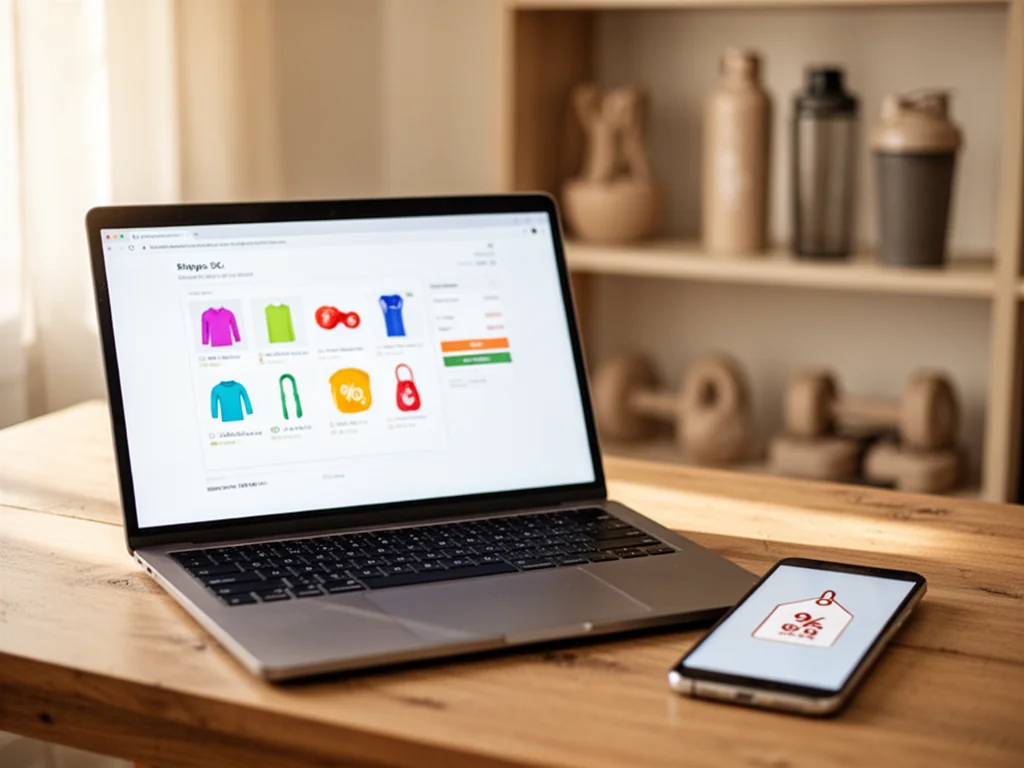 Laptop z koszykiem online i symbolem rabatu obok smartfona z ikoną zniżki, na tle domowych akcesoriów fitness.
