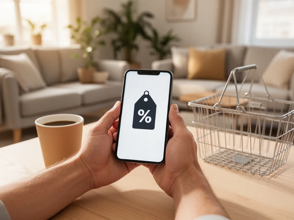 Smartfon z ikoną zniżki na stole obok kawy i koszyka, w tle przytulny salon, sugeruje szukanie promocji IKEA online.
