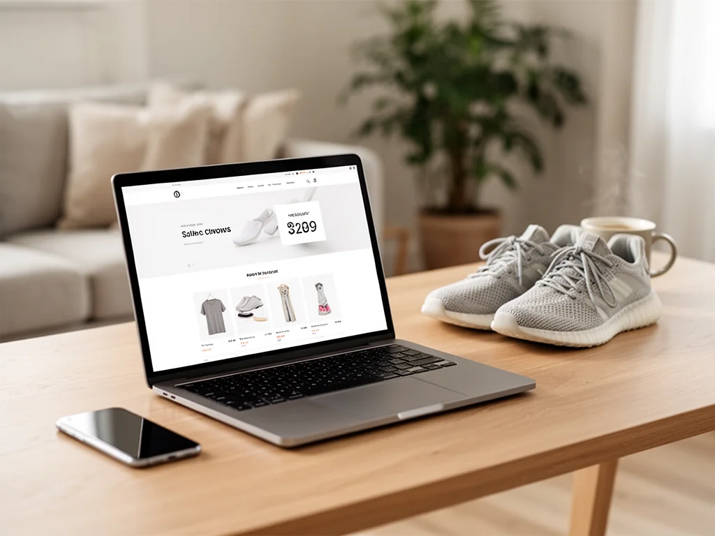 Laptop z otwartym sklepem online i zniżką 4F na biurku obok smartfona i sportowych butów, w przytulnym domowym wnętrzu.