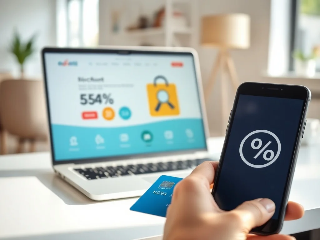 Osoba szuka kodu zniżkowego Diagnostyka online, trzymając kartę płatniczą i smartfon z symbolem procentu.