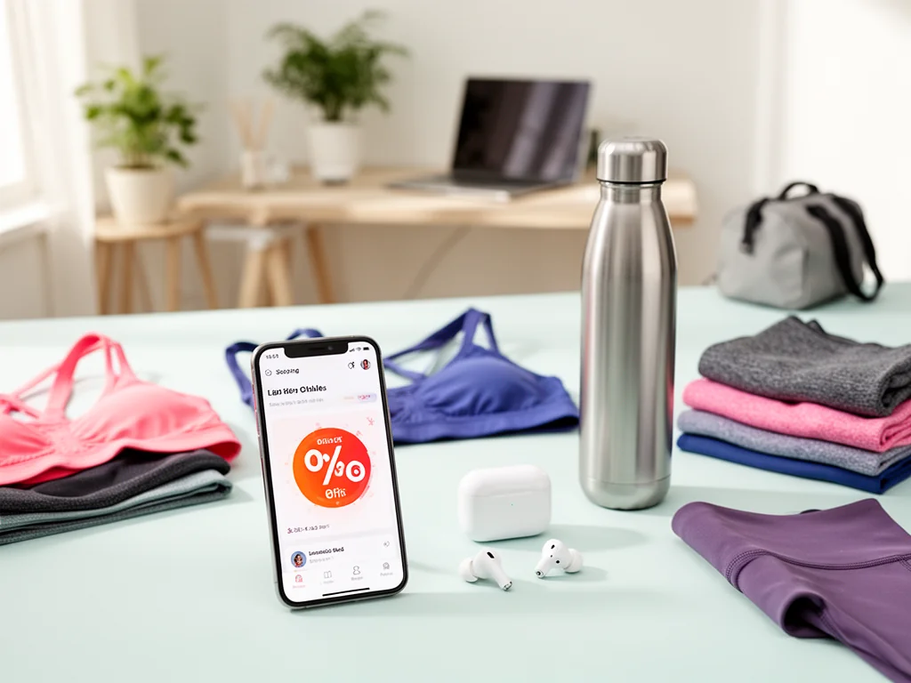 Smartfon z aplikacją zakupową i ikoną rabatu wśród kolorowych ubrań sportowych i akcesoriów fitness Gym Glamour
