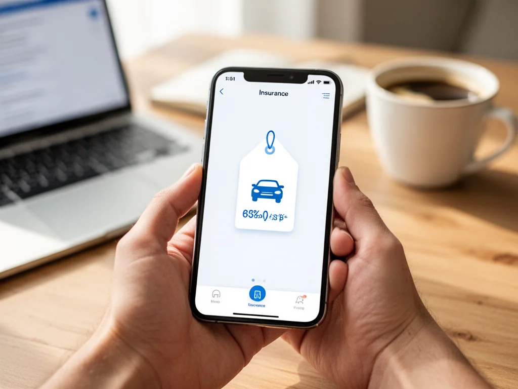 Smartfon z aplikacją Mubi pokazującą ikonę zniżki na ubezpieczenie samochodu, na biurku obok laptopa i kawy