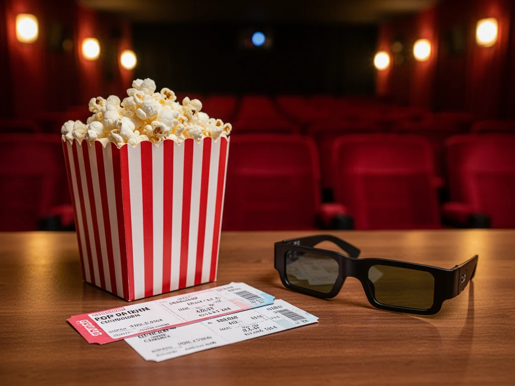 Bilety do kina, popcorn i okulary 3D na stoliku, w tle przytulna sala kinowa, nastrój relaksu i filmowego seansu