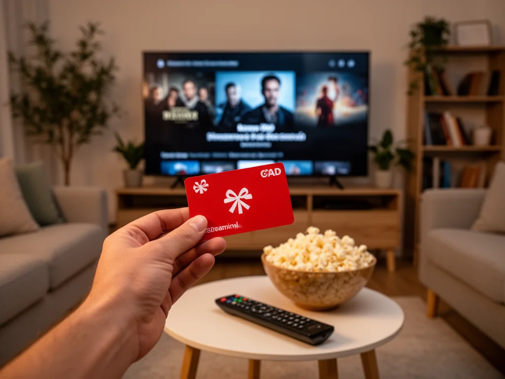 Ręka trzymająca czerwoną kartę podarunkową przed ekranem TV z filmem, wieczorny seans z popcornem w przytulnym salonie.