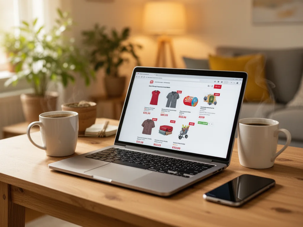 Przytulne domowe biuro z laptopem otwartym na stronie zakupów online, sugerujące wygodne oszczędzanie z kodami rabatowymi Amazon.