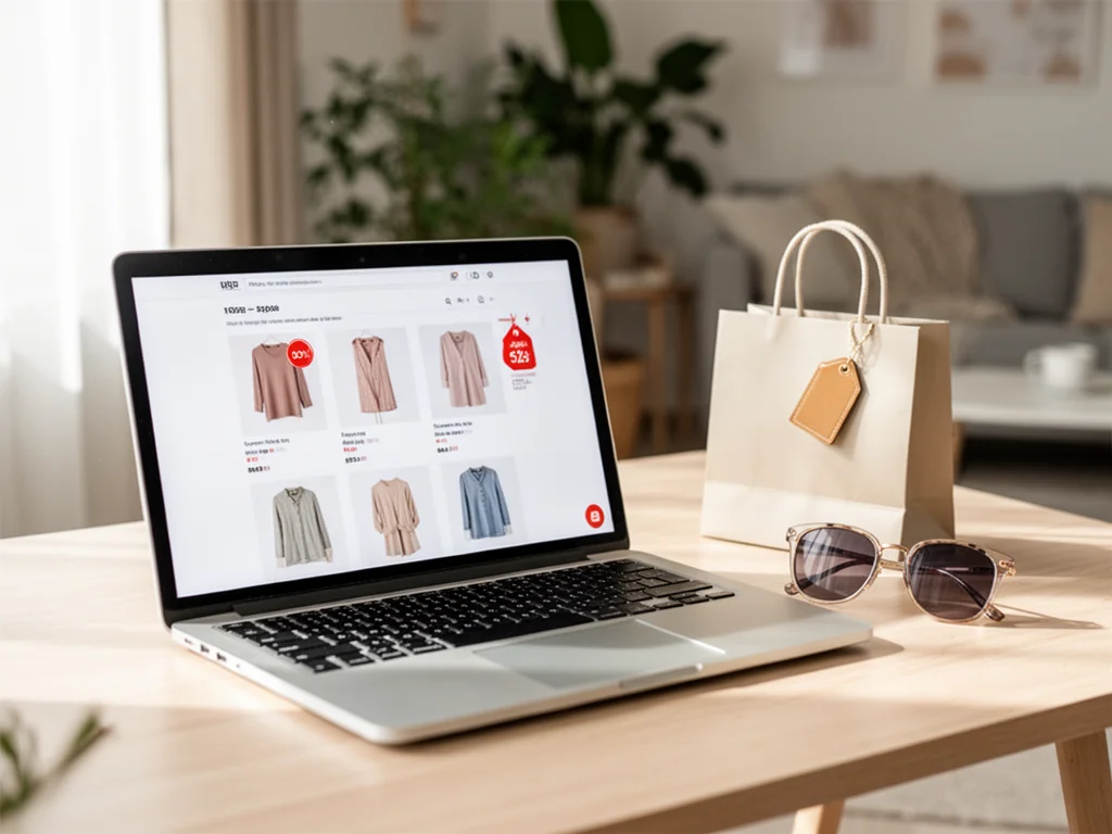 Laptop z otwartym sklepem online, obok torba zakupowa i okulary, sugerujące zakupy z rabatami Stradivarius.