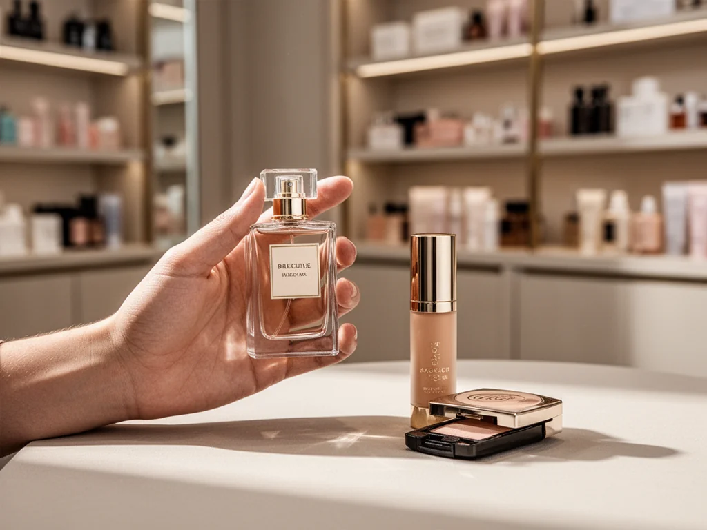 Dłoń trzymająca luksusowe perfumy i kosmetyk, w tle elegancki sklep Douglas pełen produktów do makijażu i pielęgnacji