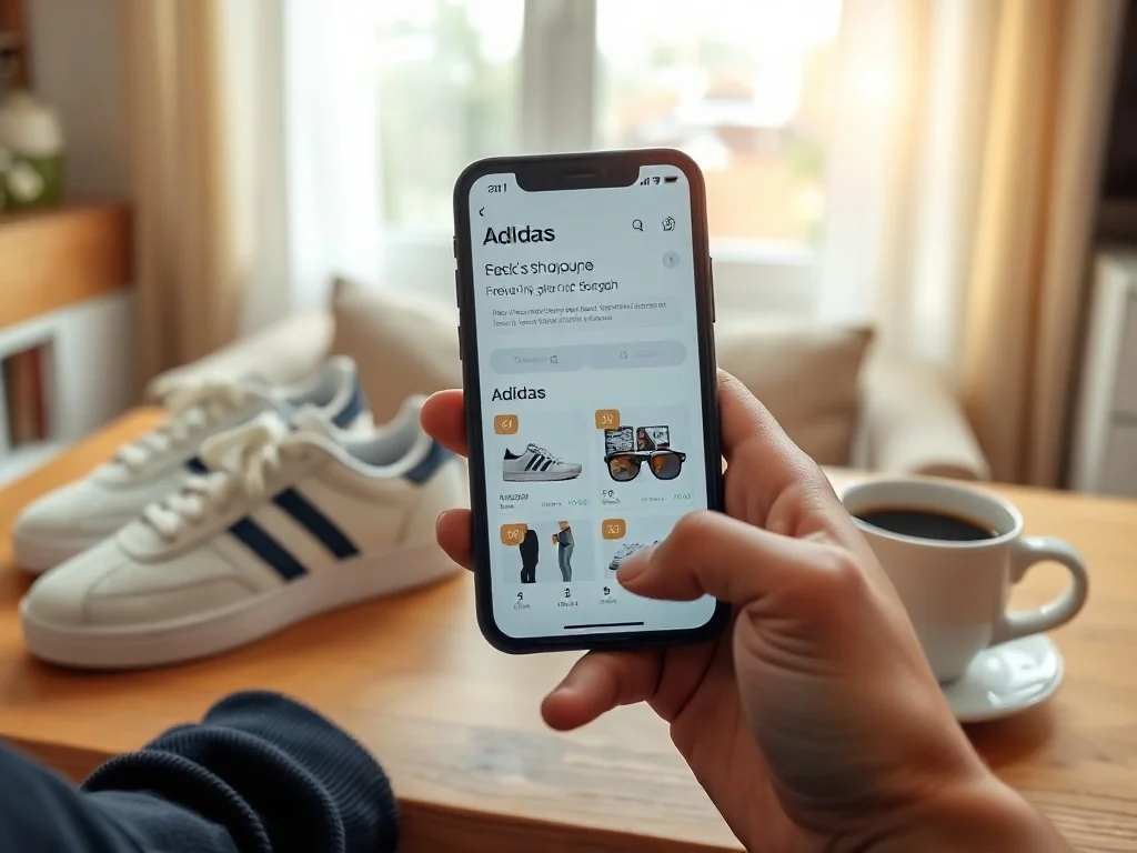 Smartfon z aplikacją Adidas pokazującą promocje obok butów Adidas i kawy, w przytulnym, jasnym domowym wnętrzu.