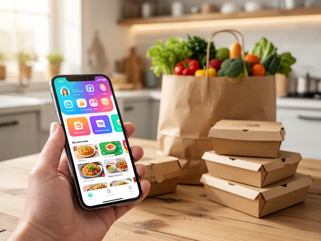 Smartfon z kolorową aplikacją do zamawiania jedzenia obok torby z zakupami i pudełek na wynos na kuchennym stole