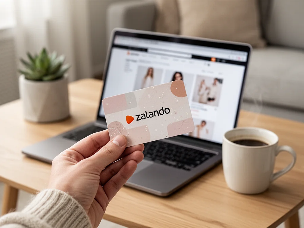 Dłoń trzyma kartę podarunkową Zalando przy laptopie z otwartą stroną sklepu, tworząc nowoczesną, przytulną atmosferę zakupów.