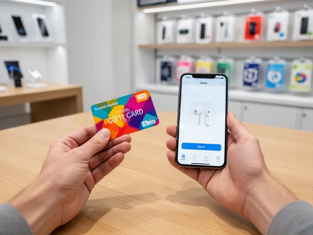 Osoba trzyma kartę podarunkową i smartfon z ekranem sklepu z aplikacjami w nowoczesnym sklepie z elektroniką.