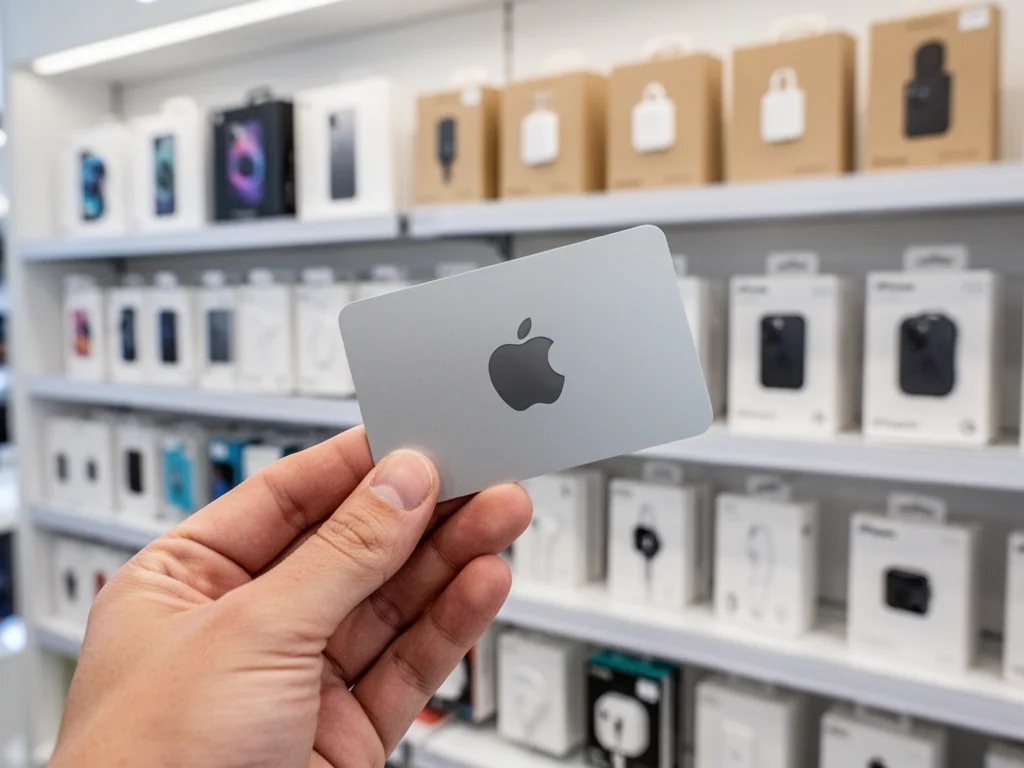 Dłoń trzymająca kartę podarunkową Apple w nowoczesnym sklepie z elektroniką, na tle półek z akcesoriami.