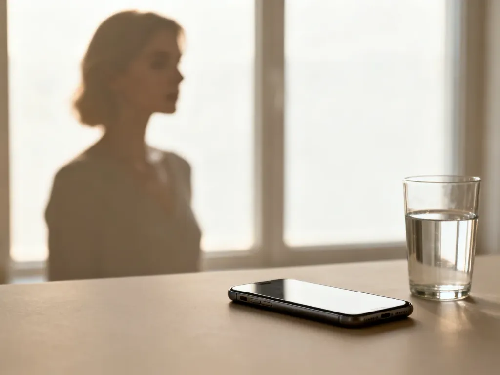 Minimalistyczna kompozycja ze smartfonem i sylwetką kobiety w tle, ilustrująca temat relacji i intymności.