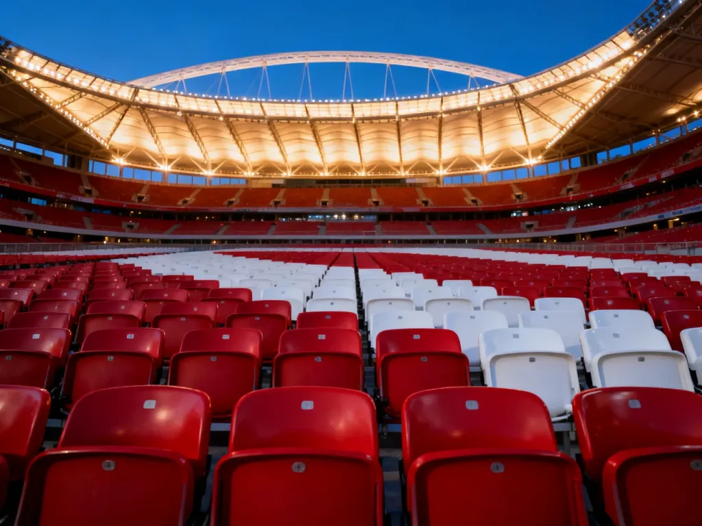 Widok na trybuny Stadionu Narodowego o zmierzchu z podświetloną konstrukcją dachu i rzędami biało-czerwonych krzesełek.