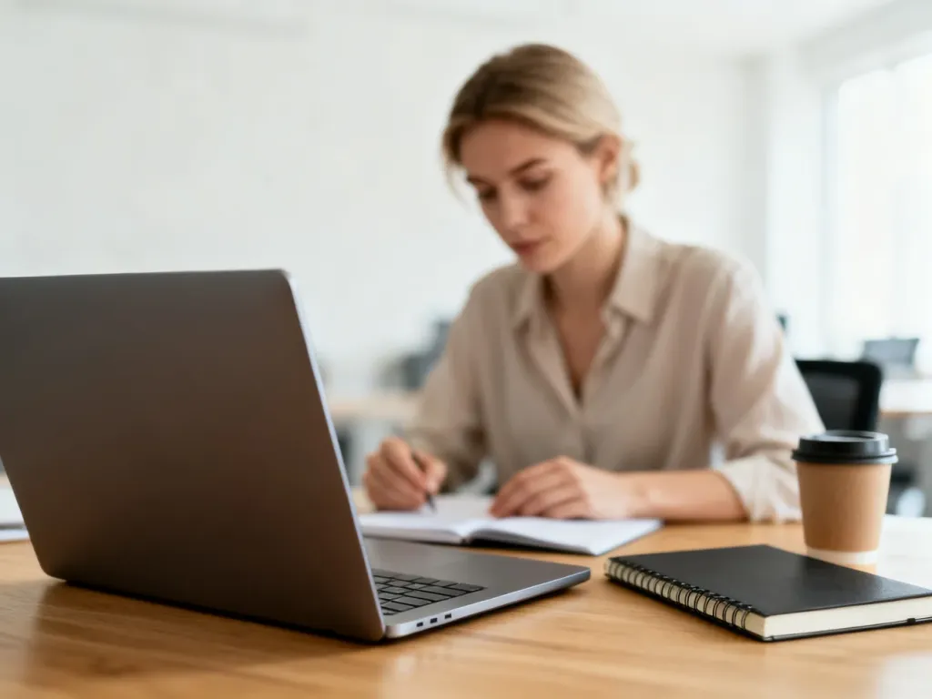 Kobieta pracująca przy laptopie na uporządkowanym biurku w jasnym, minimalistycznym biurze.