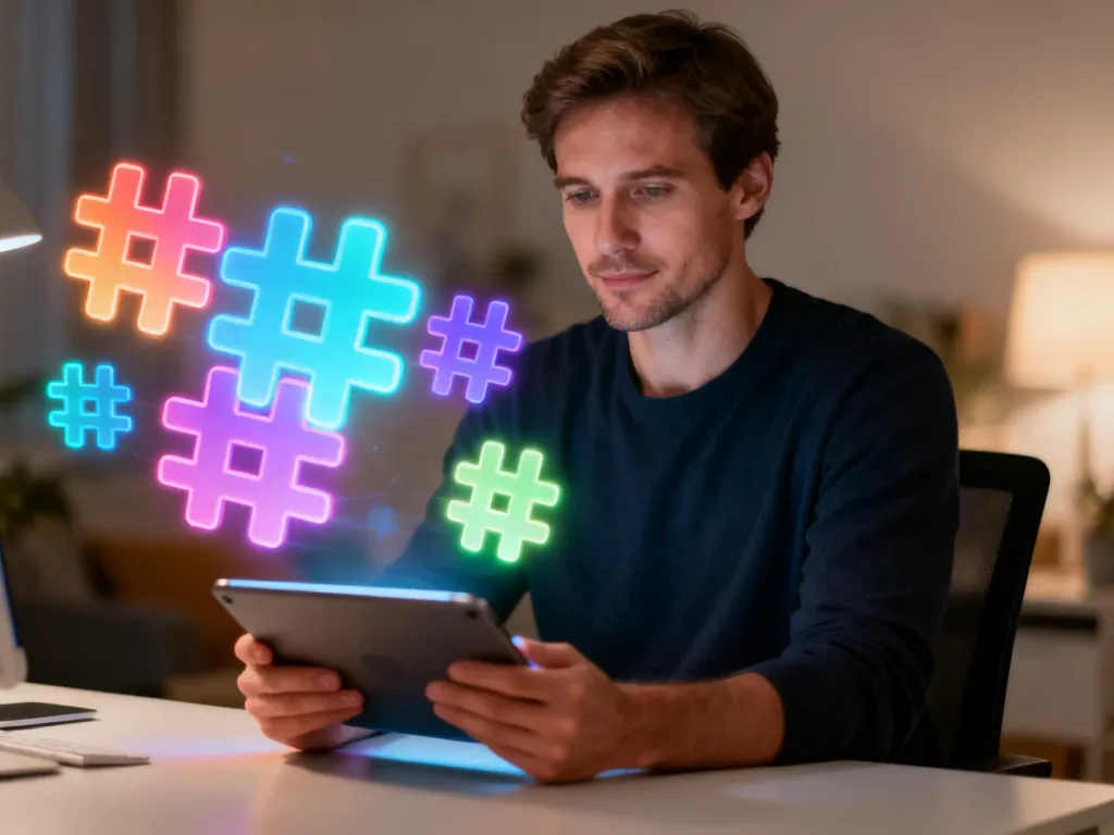Mężczyzna przy biurku z tabletem, nad którym unoszą się świecące symbole hashtagów, obrazujące koncepcję tagowania w sieci.