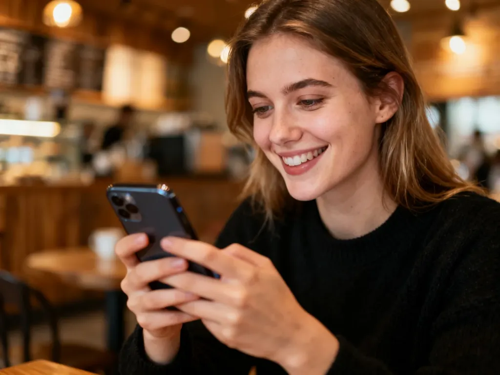 Uśmiechnięta młoda kobieta przeglądająca telefon w przytulnej kawiarni, ilustrująca swobodną komunikację w internecie.