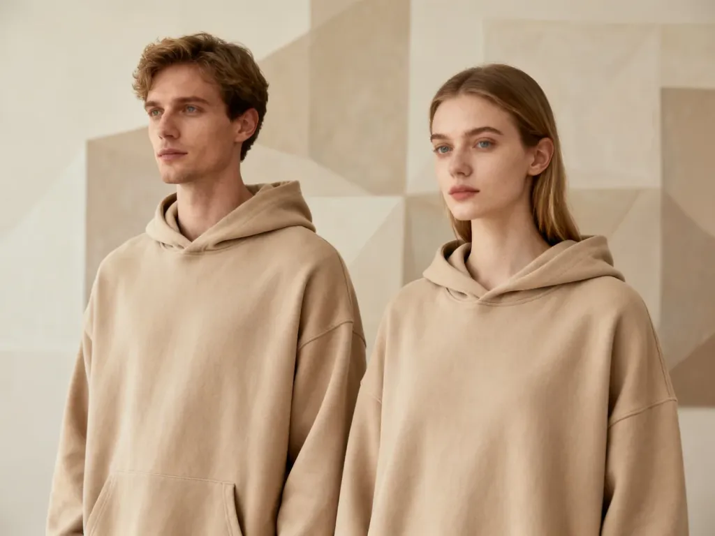 Kobieta i mężczyzna w identycznych beżowych bluzach z kapturem, prezentujący minimalistyczny styl unisex.