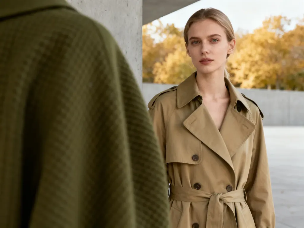 Stylowa kobieta w trenczu w kolorze khaki na tle jesiennego parku, prezentująca modne połączenie odcieni ziemi.