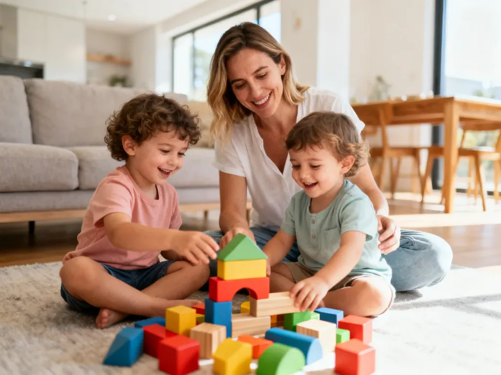 Au pair bawiąca się z dziećmi na podłodze w przytulnym salonie, układająca kolorowe klocki.
