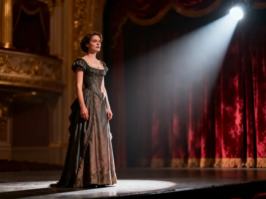 Charyzmatyczna kobieta w eleganckiej sukni na oświetlonej scenie teatralnej, uosabiająca klasyczny wizerunek diwy.