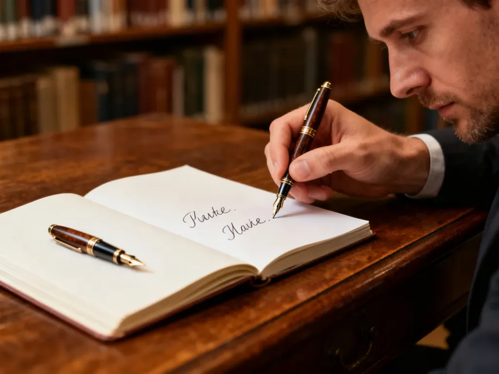 Mężczyzna z piórem wiecznym zastanawia się nad poprawną pisownią słów w notatniku na tle biblioteki.