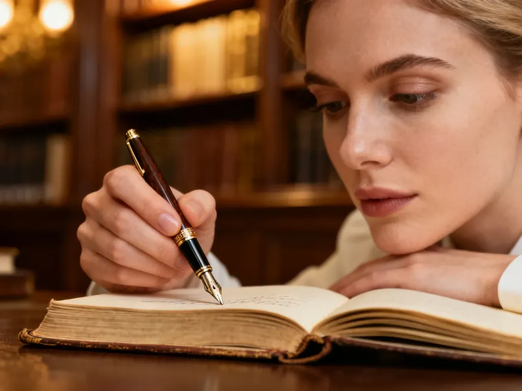 Kobieta trzymająca pióro nad otwartym notatnikiem w bibliotece, symbolizująca proces pisania i dbałość o poprawną polszczyznę.