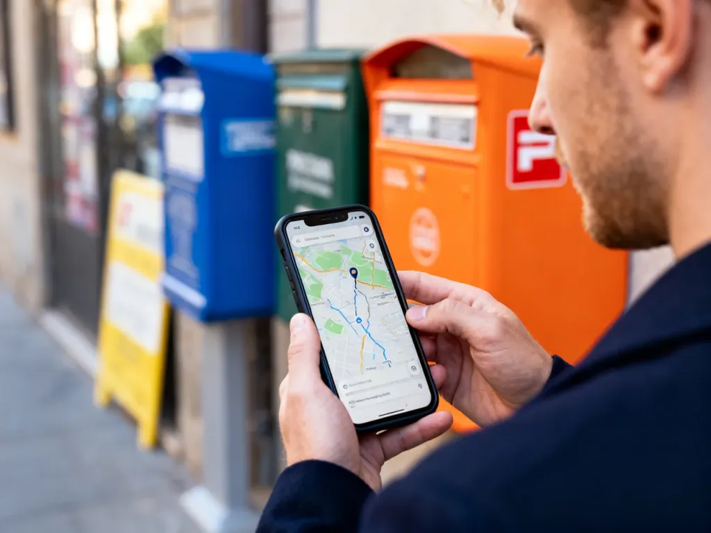 Mężczyzna sprawdza mapę cyfrową na smartfonie na tle miejskiej ulicy ze skrzynkami pocztowymi.
